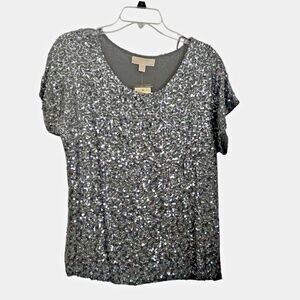 NWT Michael Kors Size Small Sequin Top Gray Gunmetal Short Sleeves Lined